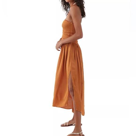 O'Neill Orange 🍊 Devyn Strapless Smocked-Bodice Side-Slit Midi Dress EUC - Picture 2 of 8